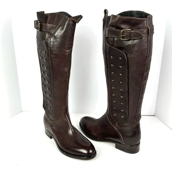NWOB Montegranaro Area Forte Italy Brown Leather Studded Riding Boots EUR37 US 7